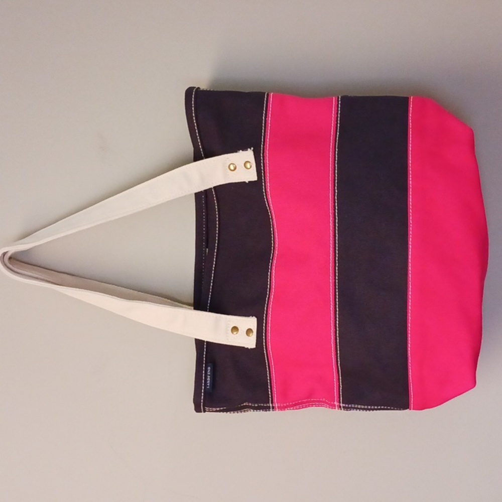Lands' End Canvas Tote Bag Navy Blue and Pink Stripes